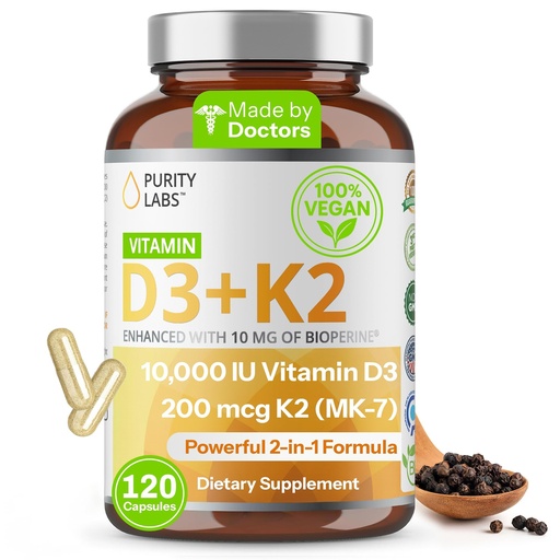 [BRSWIATZOAHBAEDM] Purity Labs Vitamin D3 K2 10000 IU, (250mcg) D3 + 200mcg K2 MK7 - Immune Support Supplement Enhanced with Bioperine - Supplements for Daily Defense, Bone, Muscle & Skin Health - 120 Capsules
