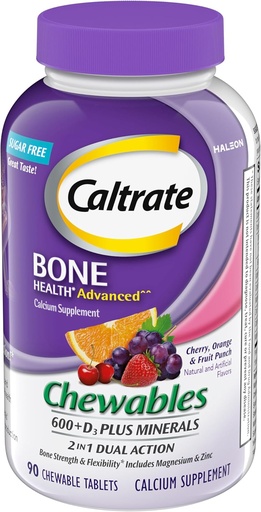 [BRSWKYQPAIIGKGDC] Caltrate Chewables 600 +D3 Plus Minerals Calcium and Vitamin D, Sugar Free, Cherry, Orange and Fruit Punch, 90 count