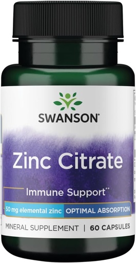 [BRSWIZQ2B4MBWH32] Swanson çinko Citrate - Mineral Supplement Sağlıklı Vizyon ve Immune System Health - Doğal Formula Genel Wellness Destek - (60 Capsules, 50 mg Her)