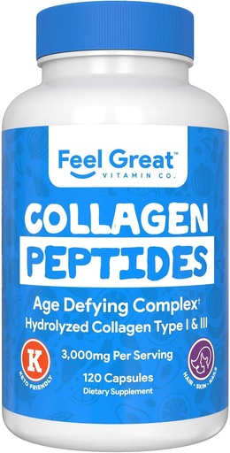 [BRSWGFDYOV7WAFDZ] Hydrolyzed Collagen Peptides Powder Capsules (Type I &III) by Feel Great Vitamin Co. | Wheat Free, Keto & Paleo Friendly | Collagen Powder Supplement for Hair, Skin and Nails*
