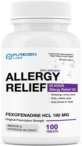 [BRSRAGL3AEPBMDQ2] Puregen Labs Allergie Relief, Fexofenadine 180mg, 100 Tablets 