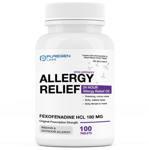 [BRSRAGL3AEPBMDQ2] Puregen Labs Allergy Relief, Fexofenadine 180mg, 100 Tablets – 24 Hour Non-Drowsy Antihistamine Allergy Medicine for Runny Nose, Sneezing, Itchy, Watery Eyes