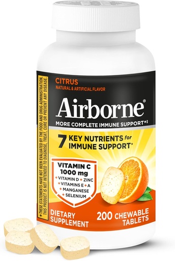 [BRSWYAYTBYBRMH37] Airborne 1000mg Vitamina C con D y Zinc, Multivitamínico Apoyo Suplemento con Antioxidantes A, C y E, 200 Tablas Chewable, Citrus Flavor