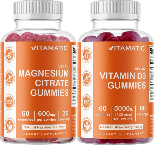 [BRSW2GAEBZ5BUCI3] Vitamatic Magnesium & Vitamin D3 Gummies Combo - 60 Vegan Count Each