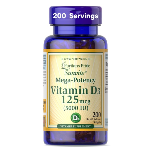 [BRSWIEIEOUORMHD4] Puritan's Pride Premium Sunvite™ Mega-Potency Vitamin D3 5,000 IU, Dietary Supplement for Healthy Bones, Teeth, and Immune System Support, 200 Rapid Release Softgels (Packaging May Vary)