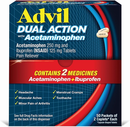 [BRSW2ZAKBB7AEDTX] Advil Dual Action Coated Caplets med Acetaminophen, 250 Mg Ibuprofen og 500 Mg Acetaminophen per dose (2 Dose Ekvivalent) i 8 timers smertelindring - 2 Antall x 50