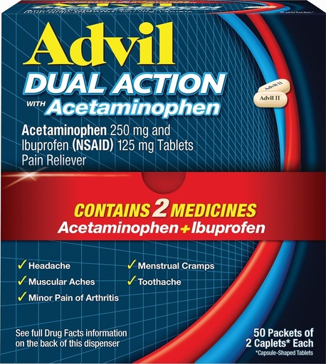 [BRSW2ZAKBB7AEDTX] Advil Dual Action, Ibuprofen 250mg, Pain Relief, 100 Caplets | Dual Action Formula, Relieves Headaches and Back Pain, Blocks Pain Signals, Targets Inflammation, 8 Hour
