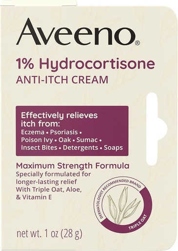 [BRSWKYAROB5BYFDU] Aveeno Maximum Strength 1% Hydrocortisone Anti-Itch Cream, Triple Oat, Aloe & Vitamin E for Itch Relief from Eczema, Psoriasis, Insect Bites, Poison Ivy, Oak & Sumac & Detergents, 1 oz