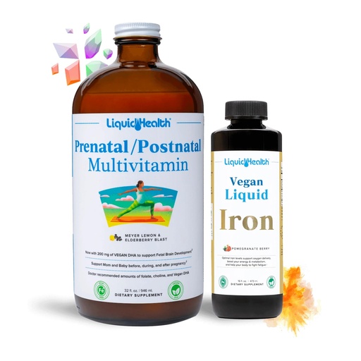 [BRSROBAZPIJQYDL5] LIQUIDHEALTH Prenatal Baby Booster Pregnancy Vitamin Bundle - Vegan Women's Prenatal/Postnatal Multivitamin with SunActive & Ferrochel Iron, Folate, Whole Foods - Made in the USA, 100% Vegan (Bundle)