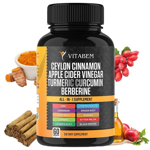 [BRSRAHT3CJ4BMEI4] Ceylon Cinnamon Capsules 3000mg Turmeric 3000mg Apple Cider Vinegar 3000 mg Ginseng 2000mg Aloe Vera 2000mg Berberine Supplement 1200mg + Banaba | Bitter Melon | Gymnema | Ginger Root - 60 Count