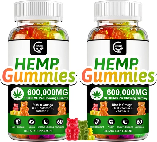 [BRSRMBLQCEIBUE3X] (2 Pack) High Potency Hemp Gummies Extra Strength -Stress, Sleep, Mood, Calming, Focus, Relax Supplements, 100% Natural Hemp Oil Extract Infused Gummies, Vegan, Non-GMO, Gluten-Free