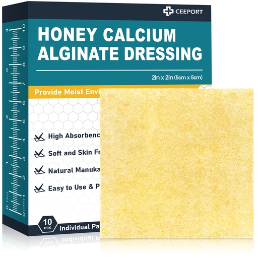 [BRSROZYROAPGE3LH] Ceeport Manuka Honey Calcium Alginate Wound Dressing, 2"x 2" High Absorbency Honey Wound Dressing with Calcium Alginate, Medical Grade Manuka Honey Wound Care Bandages Patches for Wounds(Pack of 10)