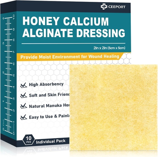 [BRSROZYROAPGE3LH] Manuka Honey Calcium Alginate Wound Dressing, 2"x 2" High Absorbency Honey Wound Dressing with Calcium Alginate, Medical Grade Manuka Honey Wound Care Bandages Patches for Wounds(Pack of 10)