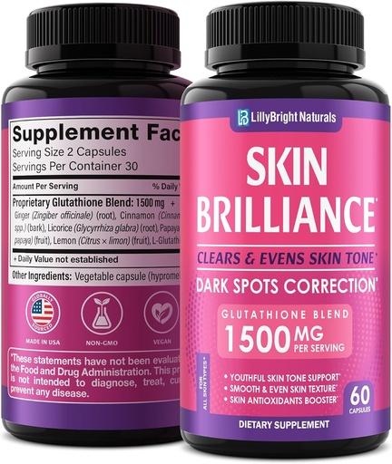 [BRSW2GIYDINGY3D7] Glutationa kapsulas - 1500mkg L-glutationa Papildinājums ar C vitamīnu - Ādas toņu pastiprinātājs - Mērķi Tumši plankumi un Acne Marks - Spēcīgs antioksidants - 60 ādas tabletes