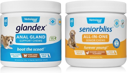 [BRSRMHT5BANAMF3K] Vetnique Labs Seniorbliss All-in-One Multivitamin Chews for Senior Dogs (60ct) & Glandex Anal Gland Support Soft Chew Treats with Pumpkin for Dogs (60ct Pork) Bundle