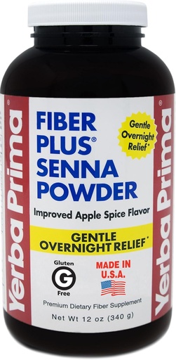 [BRSWIZYPDMDWYET4] Yerba Prima Fiber Plus Senna Powder, 12 oz (Pack of 1) - Apple Spice Flavor, Gentle Overnight Relief, USA Made, Non-GMO, Stevia Sweetened, Short-Term Use to Restore Regularity