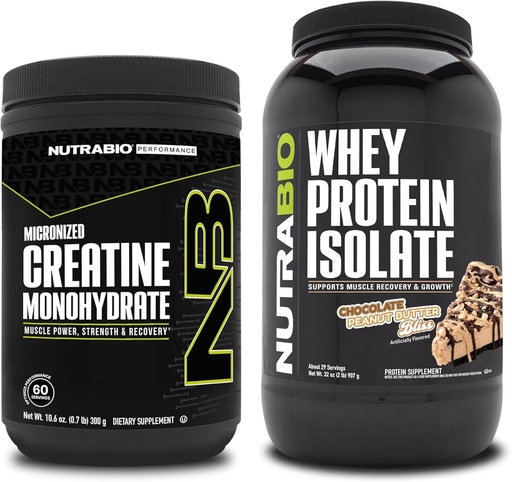 [BRSRAZ35DIPWCC33] NutraBio Creatine Monohydrate, Unflavored, 300g and Whey Protein Isolate, Chocolate Peanut Butter, Supplement Bundle - Muscle Energy, Lean Muscle Growth, Recovery, and Strength