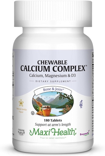 [BRSWIYYICAFAGDY3] Maxi Health Chewable Calcium Complex - Vanilla Flavor Vitamin D3 och Magnesium Chewables för att hjälpa till att stödja ben - Kosher Magnesium och Calcium Supplement för kvinnor och män (180 greve)