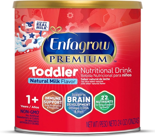 [BRSWIZI7BF6R43DM] Enfagrow PREMIUM Toddler Nutritional Drink, Made with Real Milk, Brain-Building Omega-3 DHA, Nutrients and Prebiotics for Growth & Immune Support, Non-GMO, Toddler Milk Powder, 24 Oz Can