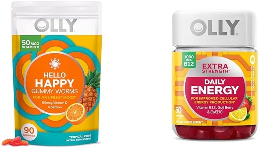 [BRSROBQEAEORAFL5] Hello Hello Happy Gummy Worms, Soutien de l'équilibre de l'humeur, Vitamine D, Safran, Supplément à croquer pour adultes et énergie quotidienne supplémentaire Gummy, Sans caféine, 1000mcg Vitamine B12, CoQ10, Goji Berry