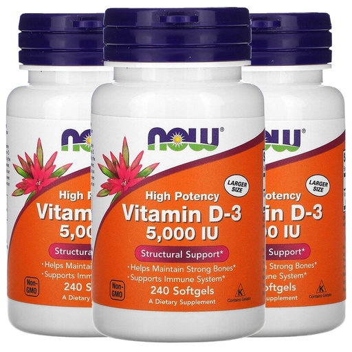 [BRSWIHQKAF6RYEIV] Now Vitamin D-3 5000 IU, 240 Softgels, Pack of 3