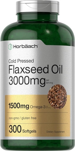 [BRSW2GDQO55RAYIU] Horbäach Flaxseed Oil Softgel Capsules 3000mg - 300 count | High Potency | with Omega 3 6 9 , Non-GMO, Gluten Free , Cold Pressed Flax Seed