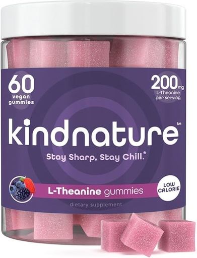 [BRSROCD7C4CAADQV] kindnature L-Theanine Gummies 200mg – Calm & Focus Supplement for Adults & Kids Ages 4+ – Stress Support, Mental Clarity & Non-Drowsy Relaxation – Vegan, Mixed Berry, Non-GMO