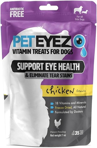 [BRSROZAFDMGW2ALZ] PetEyez Tear Stain Remover Vitamin Treats for Dogs - Support Eye Health & Reduce Itching & Tear Stain Buildup - 100% Natural Dog Treats w/Superfoods, Antioxidants & Nutrients - Chicken Flavor - 1oz