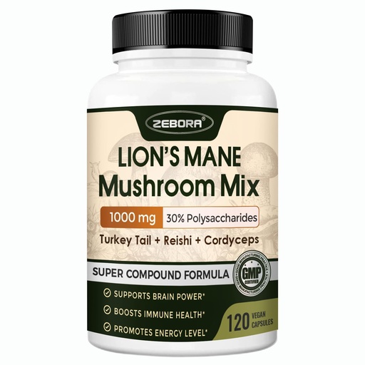 [BRSRAED6AVYBSCTZ] ZEBORA Lions Mane Supplement Capsules - Mushroom Supplement with Lions Mane, Cordyceps, Reishi, Turkey Tail, Shiitake - Lion's Mane Mushroom for Memory, Focus & Immune Support - 119 Vegan Capsules