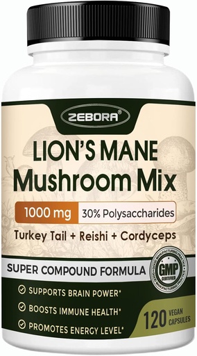 [BRSRAED6AVYBSCTZ] ZEBORA Lions Mane Supplement Capsules - Mushroom Supplement with Lions Mane, Cordyceps, Reishi, Turkey Tail, Shiitake - Lion's Mane Mushroom for Memory, Focus & Immune Support - 119 Vegan Capsules