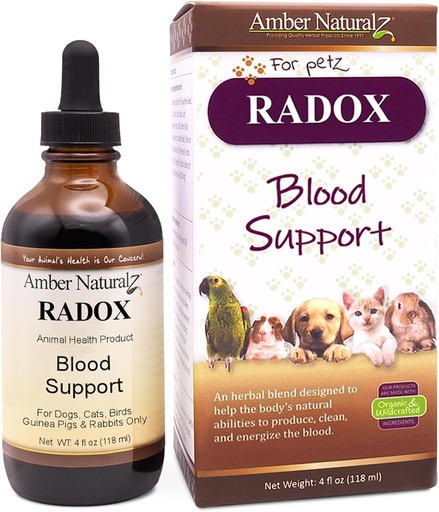 [BRSWIEAQBN4QGDLO] AMBER NATURALZ Radox Blood Support Herbal Blend para cans, gatos, aves, porcos de Guinea e coellos | Suplemento de mascotas herbas para a circulación e ferro | 4 botellas de vidro de onza fluorescente | fabricación en Estados Unidos