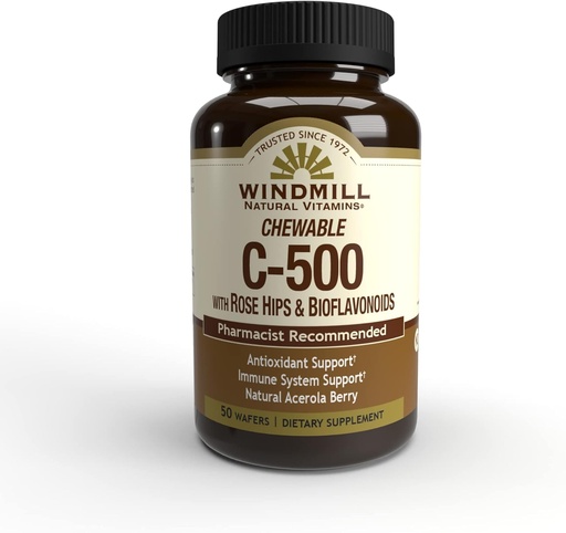 [BRSWIYYCDIEBS2TM] Windmill Natural Vitamins Vitamin C 500 mg, with Rose HIPS and Bioflavonoids, Immune Booster, Antioxidant Support, Chewable Tablets, Acerola Berry, 50 Tablets, 50 Servings