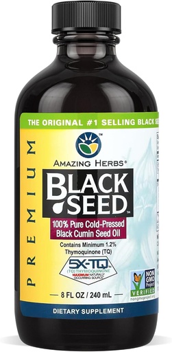 [BRSWIYTQAYIB2CAZ] Amazing Herbs Premium Black Seed Oil - Cold Pressed Nigella Sativa Aids i Digestive Helse, Immun støtte, Hjernefunksjon, Joint Mobility, Glutenfri, Ikke GMO - 8 Fl Oz