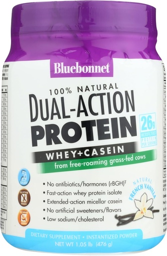 [BRSWIZTYCMNAKFYV] Bluebonnet Nutrition Dual-Action Protein Powder, Whey from Grass Fed Cows, No Sugar Added, Non GMO, Gluten & Soy Free, Kosher Dairy, French Vanilla Flavor, Off-white, 16.8 Oz