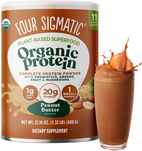 [BRSWYFIHPMIWY3IZ] Patru Sigmatic Organic Plant-Based Proteina Pudră Unt de arahide Proteina cu leu, Chaga, Cordyceps și mai mult 