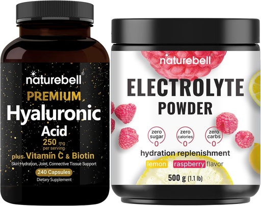 [BRSRAFACDMFRGC36] NatureBell Hyaluronic Acid Capsules with Biotin + Vitamin C & Electrolyte Hydration Powder Bundle Pack | Complete Beauty Care Complex | Real Coconut Water Electrolytes