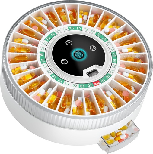 [BRSRAHQ6OUPGGCD5] Dispensador de comprimidos Bluetooth automático para idosos com alarme, Dispensador de comprimidos inteligente com 31-slot, Dispensador de Medicação de Impressão Digital & Mecânica de Dupla Bloqueio, Máquina Dispensador Temporizado (Green)