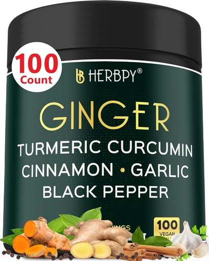 [BRSRAZAQCB7AIA3D] 5in1 Ginger and Turmeric Supplements with Ceylon Cinnamon, Garlic - Digestion, Immune, Brain & Heart Health Support - 100 Vegan Capsules