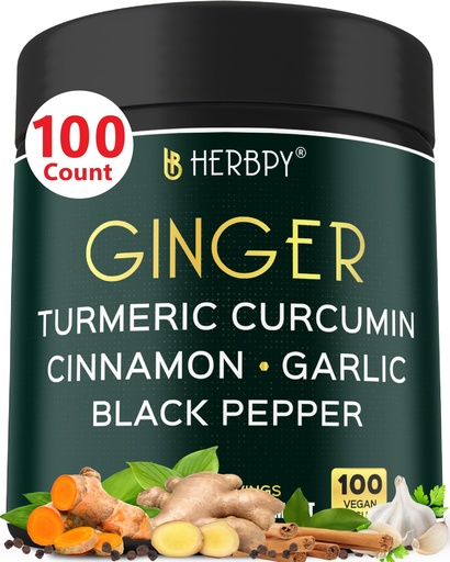 [BRSRAZAQCB7AIA3D] Herbpy 5in1 Ginger and Turmeric Supplements with Ceylon Cinnamon, Garlic - Digestion, Immune, Brain & Heart Health Support - 100 Ginger Capsules