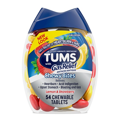 [BRSWGAYFBECRAELK] TUMS Chewy Bites Chewable Antacid Tablets with Gas Relief, Lemon & Strawberry - 54 Count