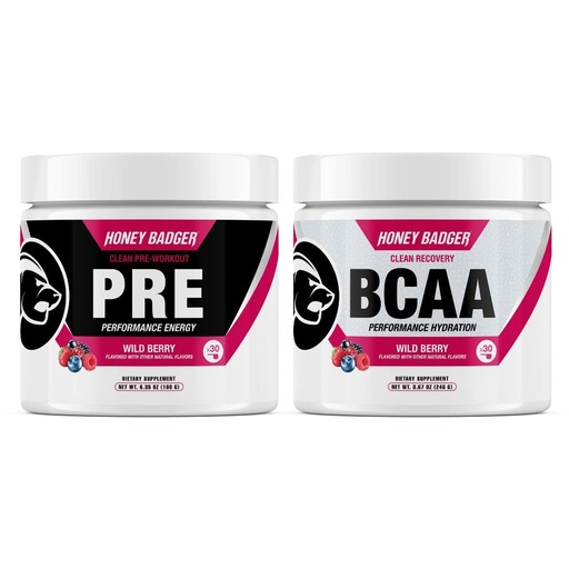 [BRSW2GQ3OYFQEYLZ] Honey Badger Pre Workout Powder & BCAA Amino Acids Powder Bundle | Beta Alanine, Caffeine & Vitamin C + Electrolytes | Vegan Keto Sugar Free & Paleo for Men & Women | 30 Servings (Wild Berry)