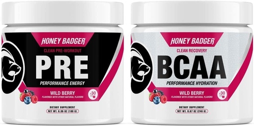 [BRSW2GQ3OYFQEYLZ] Honey Badger Pre Workout Powder &amp; BCAA Amino Amino Amino Amino Acids Powder Bundle ← Beta Alanine, Caffeine &amp; Vitamina C + Electrolytes ← Vegan Keto Sugar Gratis &amp; Paleo para Hombres &amp; Mujeres ← 30 Servings (Wild Berry)