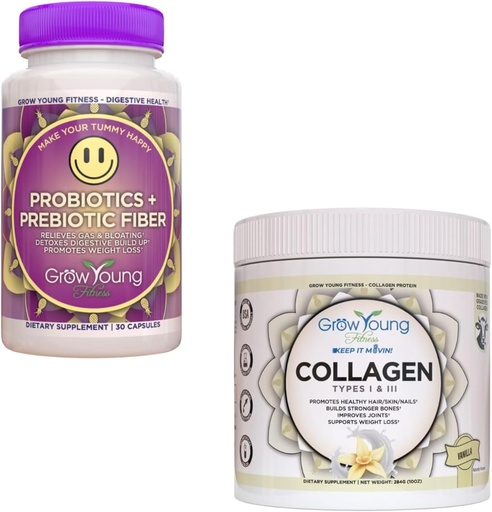 [BRSRAAYRCQJWM3L3] Grow Young Fitness Probiotic and Vanilla Collagen - Supports Digestive Health and Promotes Skin and Bones - (1) 30-Pack of Probiotics + 12.4oz of Vanilla Collagen Powder