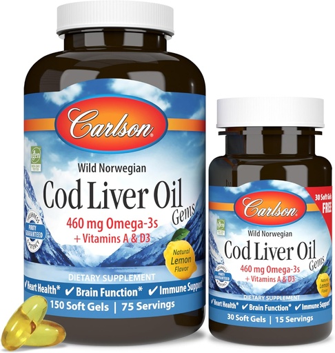 [BRSWIEIYOQGRUCDE] Carlson - Cod Liver Oil Gems, 460 mg Omega-3s + Vitamins A & D3, Wild-Caught Norwegian Arctic Cod Liver Oil, Sustainably Sourced Nordic Fish Oil Capsules, Lemon, 180 Softgels