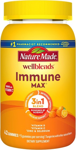 [BRSW2AAYDIMWY3T5] Nature Made Wellblends ImmuneMAX Gummies, Vitamina C 1000mg + Zinc, Selenium, & Vitamina D3 5000 UI, Immune Support Suplemento, 42 Gummies