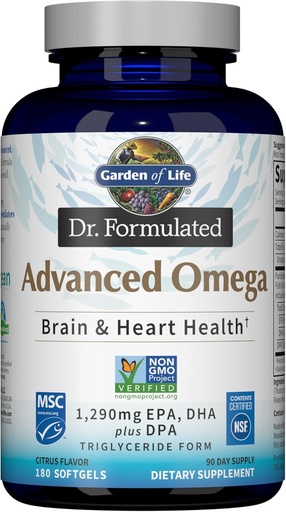 [BRSWYZALO57AOEL4] Garden of Life Dr. Formulated Advanced Omega Fish Oil - Lemon, 1.290mg EPA, DHA + DPA dalam Formulir Triglyceride, Tambahan Sumber Tunggal Omega 3 untuk Ultimate Brain & Heart Health, Non-GMO, 180 Softgels