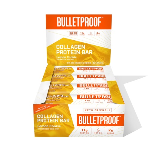 [BRSWECTQBN6GC3Y7] Bulletproof Lemon Cookie Collagen Protein Bars, Pack of 12, Keto-Friendly Snack with MCT Oil, Grass-fed Collagen, No Added Sugar