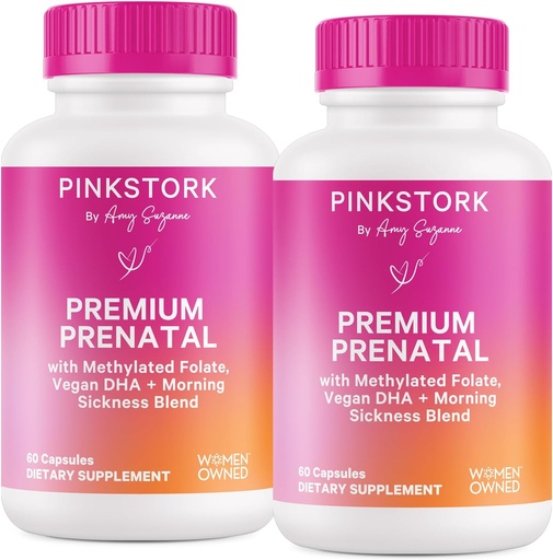 [BRSRABT3AUBGE3I7] Pink Stork Premium Prenatal Vitamin for Women - Multivitamin & Probiotics - Morning Sickness, Digestion, & Energy - Folate, B6, & Iron - 60 Capsules - 2 Pack