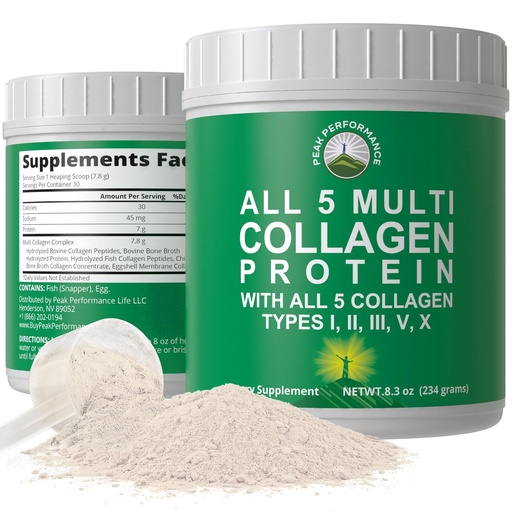 [BRSWG2Q2A5YA4AAY] Peak Performance All 5 Multi-Collagen Protein Powder Peptides Multi-Collagen Contains All Types I, II, III,V, X. Keto, Paleo Friendly with Hydrolyzed Bovine, Marine, Chicken, Bone Broth Collagens