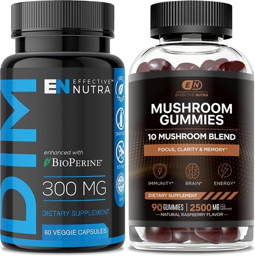 [BRSRMYIQO57QGHLG] EFFECTIVE NUTRA DIM Supplement 300mg & Mushroom Gummies 2500mg - Extra Strength DIM + Mushroom Complex for Estrogen Hormone Balance, Treatment of Acne & PCOS, Immune Support & Energy